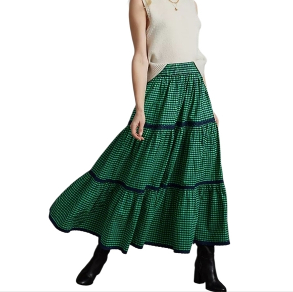 Anthropologie Dresses & Skirts - Anthropologie Green and Black Tiered Gingham Checkered Maxi Skirt